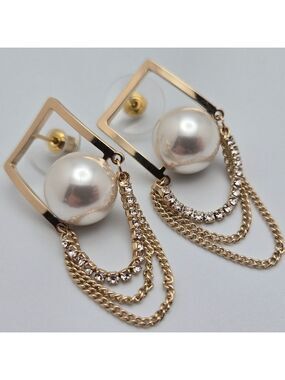 925 Sterling Silver Faux Pearl Square Dangle Earrings w/Tassel Modern Bride